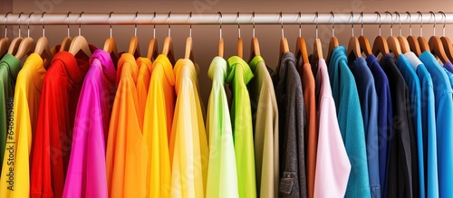 Woman selecting clothes in a store closet filled with vibrant LGBT colors.