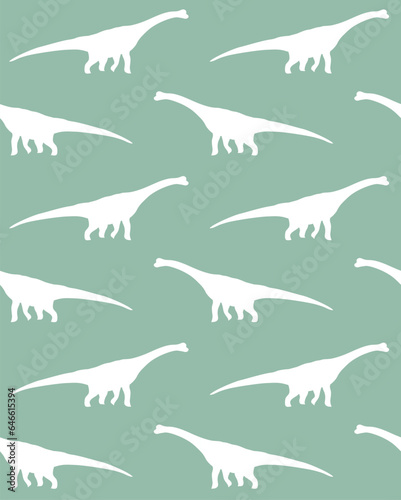 Vector seamless pattern of diplodocus dinosaur silhouette isolated on green background