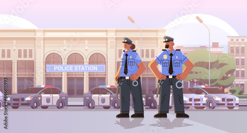 policemen in uniform officers man and woman cops standing together police service happy labor day celebration concept