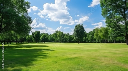 green manicured lawn and green forest tree at background.
