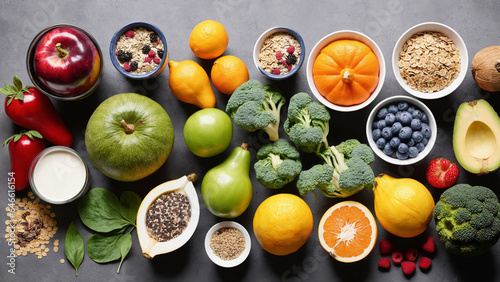 Background with fruits and vegetables from above