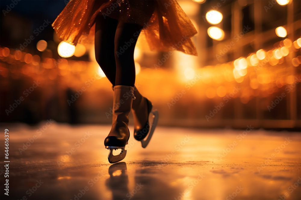 Fototapeta premium Eiskunstlaufzauber: Anmutige Frau zeigt künstlerische Leistung auf dem Eis