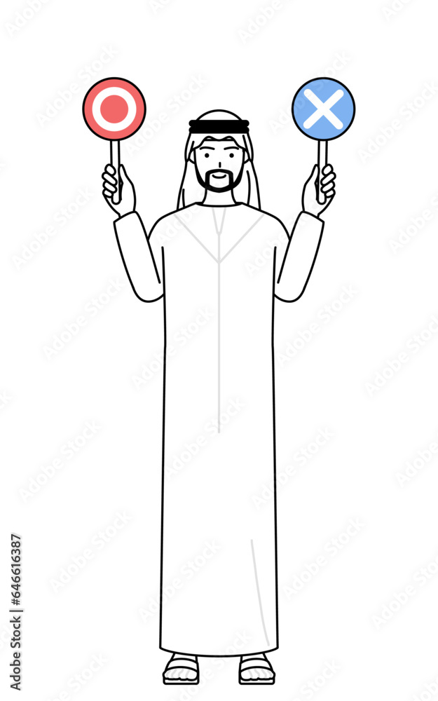 Muslim Man holding a placard indicating correct and incorrect answers. Muslim Man holding a placard indicating correct and incorrect answers.