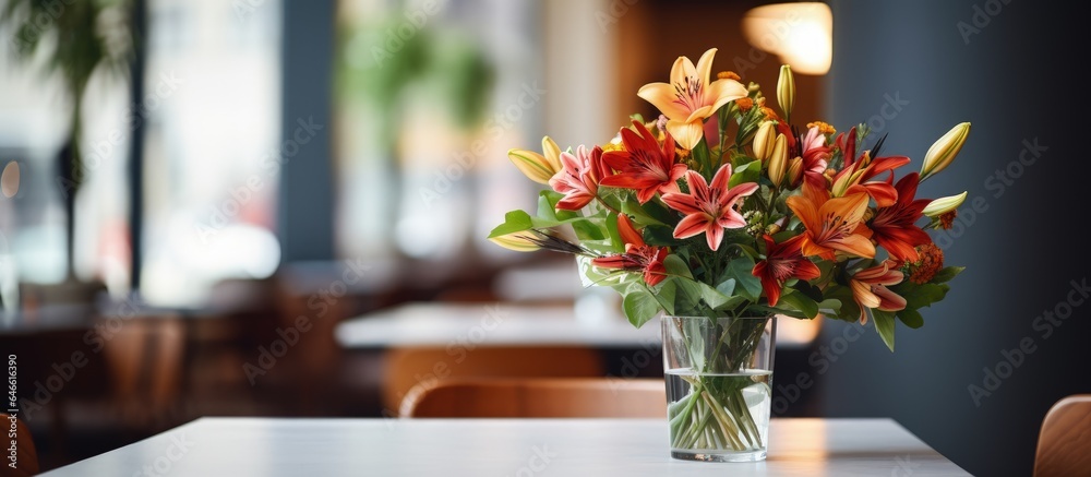 Decorative vase with gorgeous flowers on cafe restaurant table.
