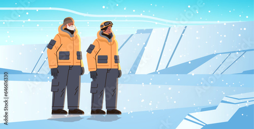 oilmen or gasmen standing together workers in uniform technician maintenance expedition service concept horizontal