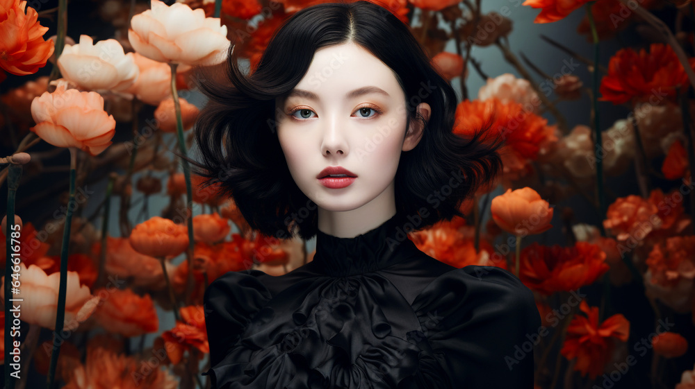 Beautiful Asian woman in black clothes in a flower garden Beautiful Asian woman in black clothes in a flower garden