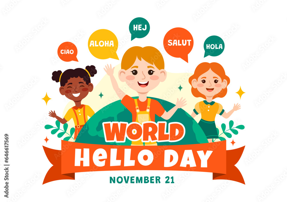 World Hello Day Vector Illustration on November 21 of Speech Bubbles with Different Languages from all over the Country in Kids Cartoon Background