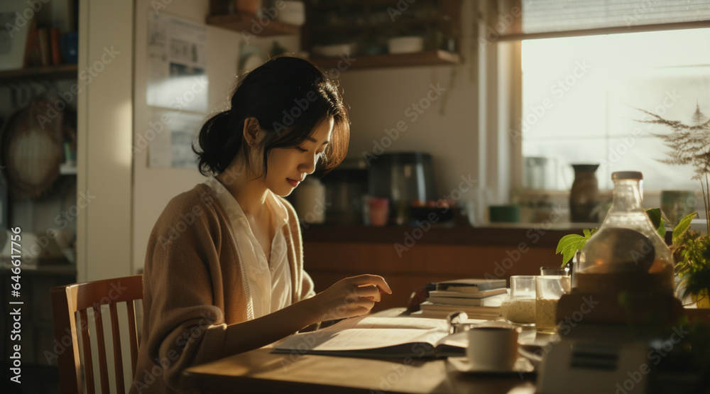 自宅で資料を確認する女性 自宅で資料を確認する女性