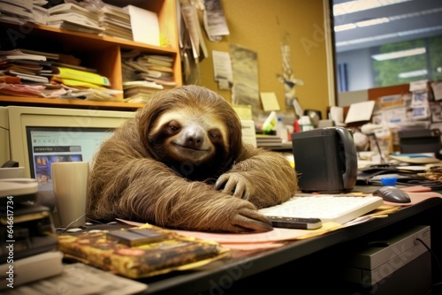 Photo sloth being lazy in the office Generative AI.