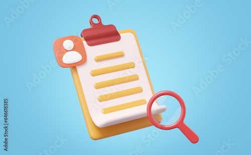 3d CV resume for job search icon. Interview document on clipboard, magnifier glass. Personal profile icon for worker HR search, human resources concept. Cartoon icon smooth. 3d render. Clipping path.