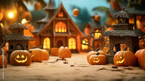 Halloween night time in Maldives wallpaper in paper art and craft design concept and animation decorate by pumpkin. Created using generative AI.