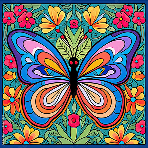 Colouring page for kids, a vibrant butterfly fluttering among colourful flowers AI Generated