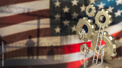 The Business man and gear group on America flag Background 3d rendering