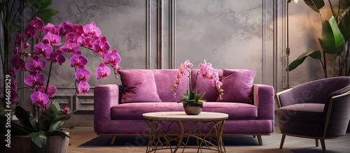 Cozy furniture set with orchid decoration in room interior.