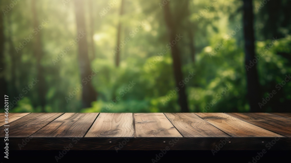 Empty wood table top with on blurred dark green forest. Wooden product mockup. Empty wood table top with on blurred dark green forest. Wooden product mockup.
