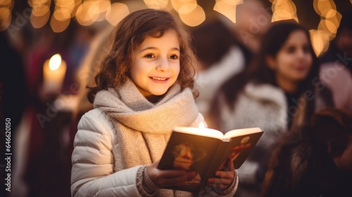 Happy little girl holding a Christmas carol book at Christmas carol, crowd holding candles in the background, photo
