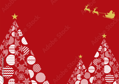 雪の結晶とオーナメントでできたクリスマスツリーとサンタクロース　A4横位置　赤バック