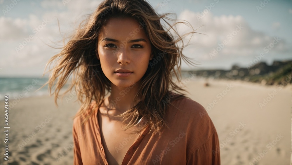 woman on the beach looking at camera. dressed with brown color cloth woman on the beach looking at camera. dressed with brown color cloth
