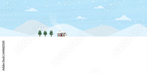 Log cabin, snowman and pines forest have snowfall in snowland flat design vector illustration with blank space. Rural landscape, house and pine trees in winter season.