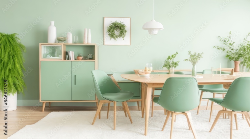 Obraz premium Interior of modern dining room with green furniture. Generative Ai
