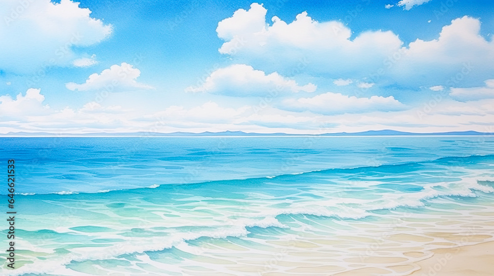 青空と海と白い砂浜の水彩風景