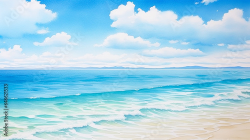 青空と海と白い砂浜の水彩風景 © Hanasaki