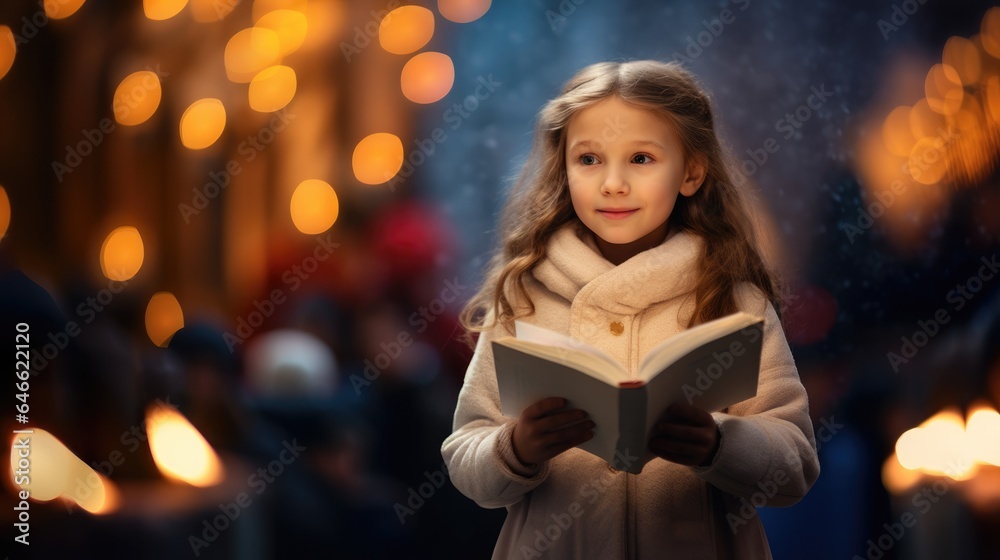 Happy little girl holding a Christmas carol book at Christmas carol, crowd holding candles in the background, Happy little girl holding a Christmas carol book at Christmas carol, crowd holding candles in the background,
