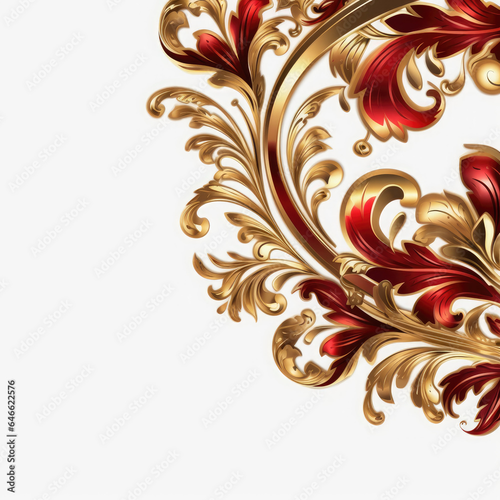 Fototapeta premium Crimson gold luxury decorative Filigree Elaborate on white Background, AI Generated