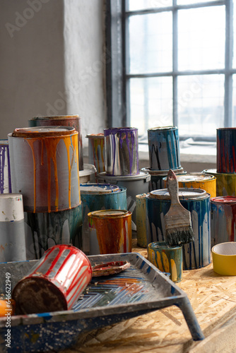 Paint Cans. Used cans of colored paint. Oil-based enamel, lacquer, shellac and varnish leftovers. Household Hazardous Waste