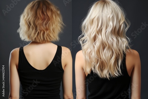 Blonde hair before and after, back view woman