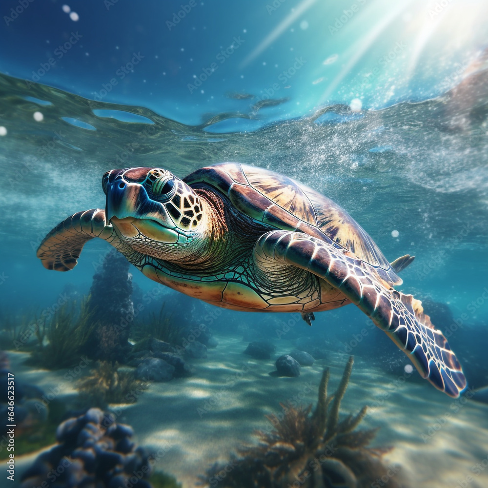 Fototapeta premium a turtle swimming looking for food