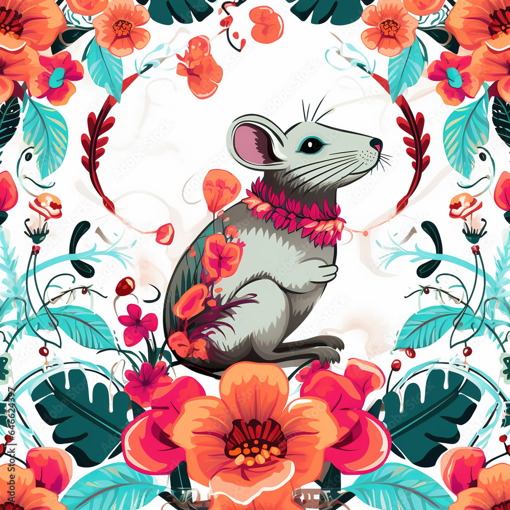 Fototapeta premium Image of pattern design using rat and flowers and leaves. Wildlife Animals. Illustration, Generative AI.