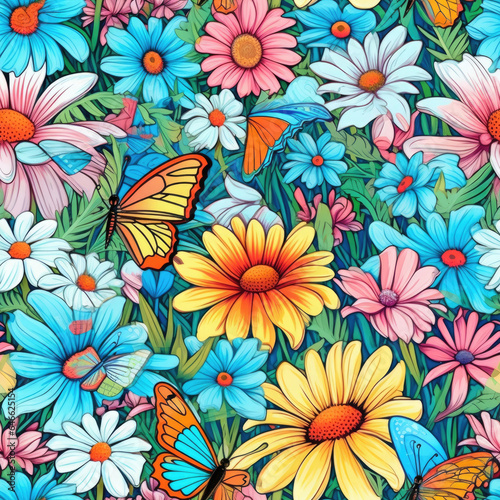 Daisies and butterflies dancing in a whimsical seamless pattern, AI Generated