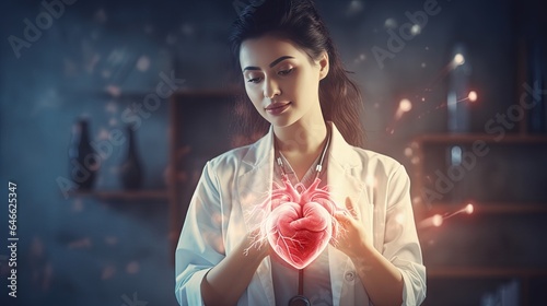 Female doctor touchstone virtual heart in hand hand drawn human organs Highlighting red is a symbol of disease. hospital treatment concept #646625347