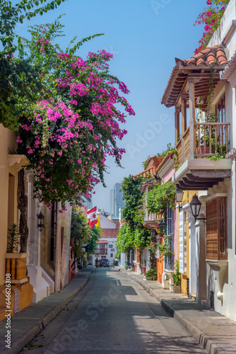 One vivid colours street of the walled city Cartagena de Indias Colombia 2023 photo