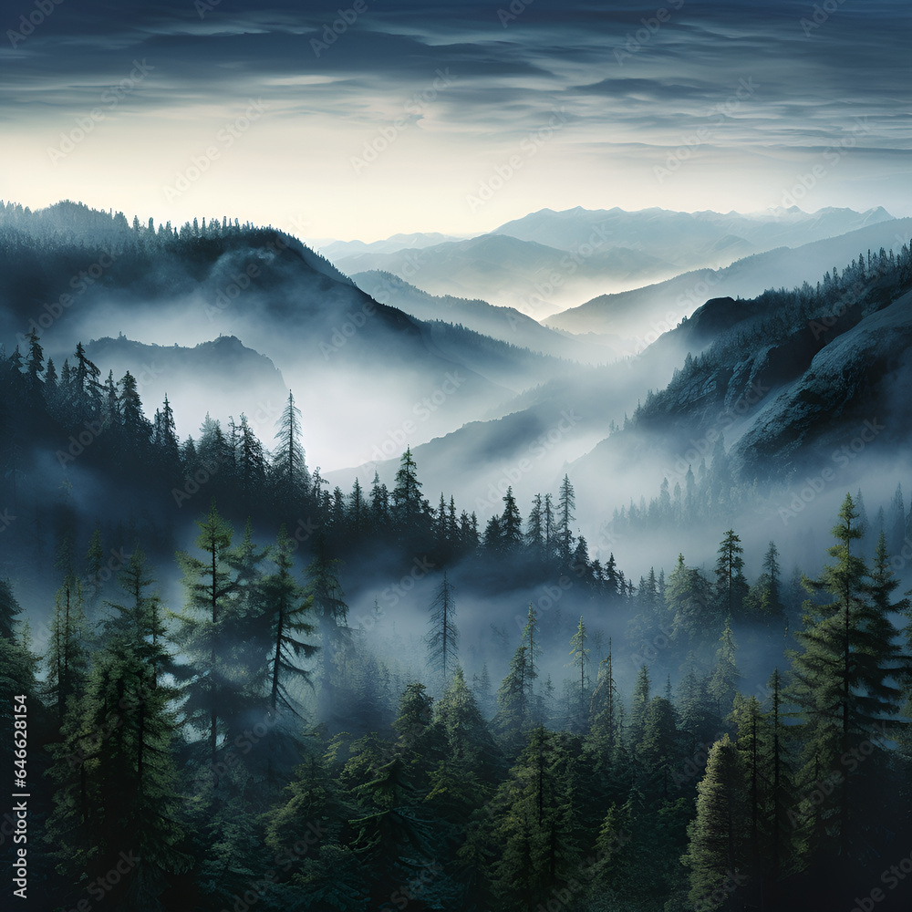 Photo realistic illustration of mountains forest fog morning mystic