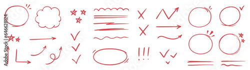 Red line check mark, underline, circle. Hand drawn doodle sketch red marker stroke emphases, highlight, check mark elements. Study focus, important underline, circle sketch. Vector illustration.