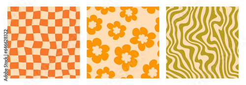 Groovy seamless background set. Repeating retro wave, daisies and checkered pattern collection. Vintage psychedelic checkerboard wallpapers. Distorted orange green backdrop in 60s, 70s style. Vector