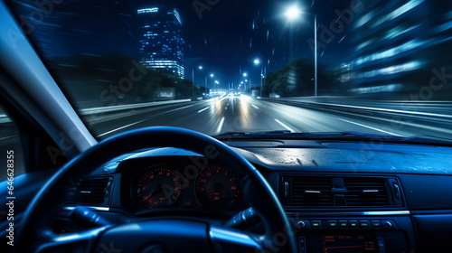 運転席からの夜の高速道路の景色 © Hanasaki
