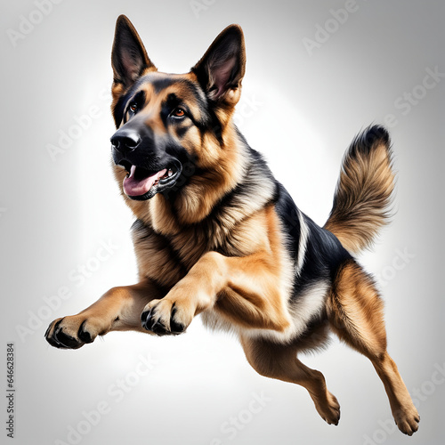 German Shepherd dog is running and jumping up with aggression a white background.