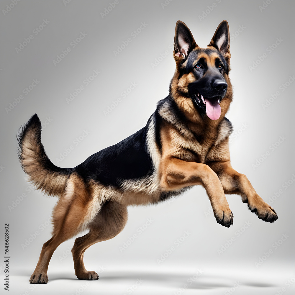 German Shepherd dog is showing a jumping move on a white background