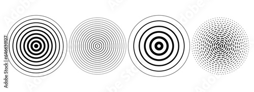 Black concentric ripple circles set. Dotted sonar or sound wave rings collection. Epicentre, target, radar icon concept. Radial signal or vibration elements. Halftone vector