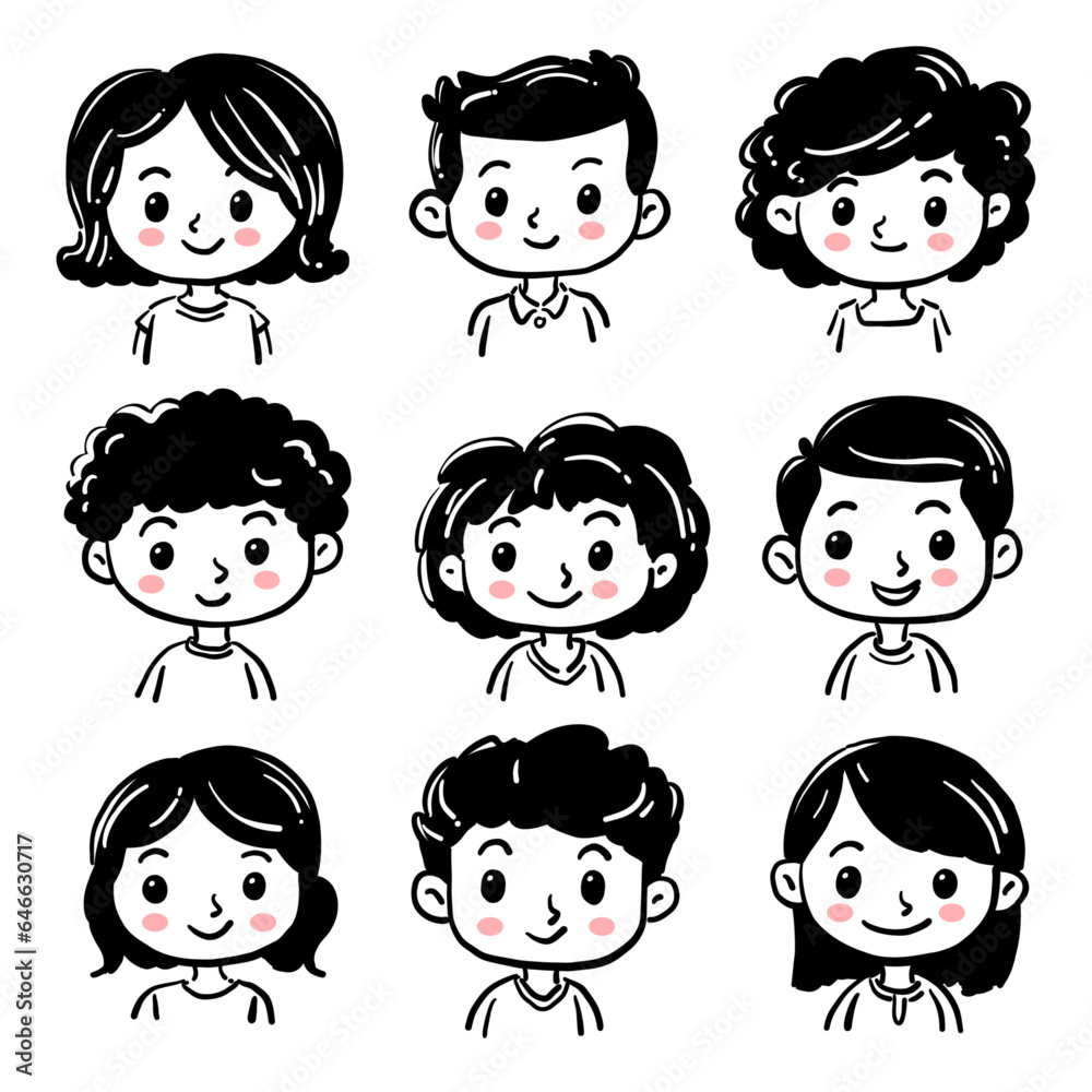 Cartoon children avatars set. Cute face of boys and girls with hand drawn style. Vector illustration Cartoon children avatars set. Cute face of boys and girls with hand drawn style. Vector illustration