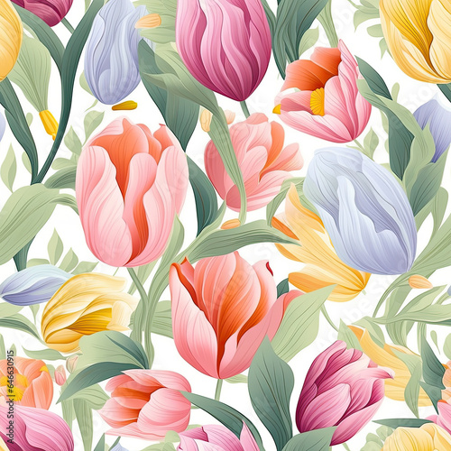 Delicate tulip blooms with swirling leaf elements seamless pattern  AI Generated