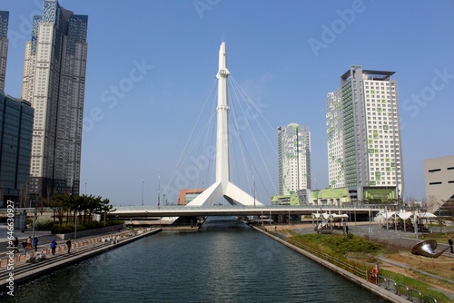 Seoul – April 17, 2016:  Songdo Central Park is a public park in the Songdo district of Incheon, South Korea. The park is the centerpiece of Songdo IBD's green space plan, inspired by New York City's  photo