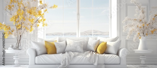 Scandinavian design: White space with sofa and window showcasing summer landscape. ing.