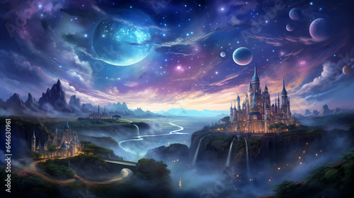 ファンタジーな天体の夜の星空を背景に、崖の上にある大きなお城 © dont