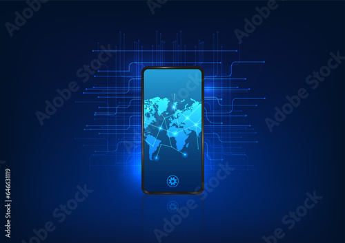 Smartphone technology combined with navigator technology It is a device used for telling the world where to go by using the internet signal to connect. Mobile phone with a world map on the screen