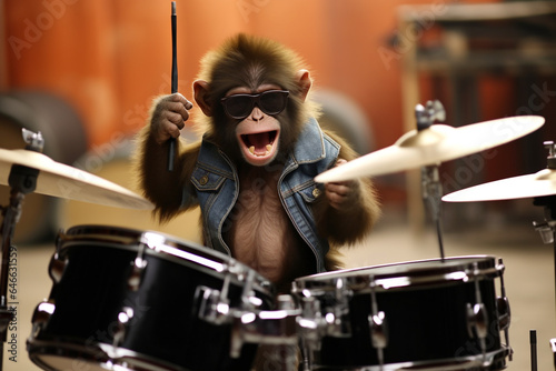 cool monkey playing drums photo