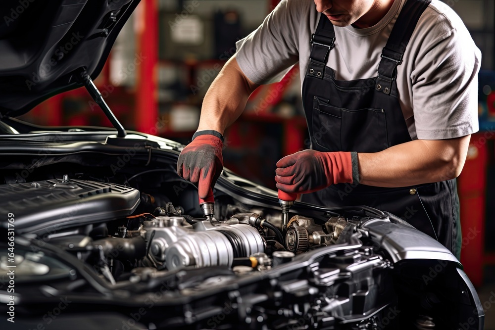 Professional mechanic working in auto repair shop. Car service and maintenance concep Professional mechanic working in auto repair shop. Car service and maintenance concep